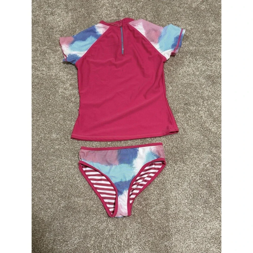 Eddie Bauer Girls Swimsuit Set Short Sleeve Rash Guard Bikini Bottoms   Size 7/8